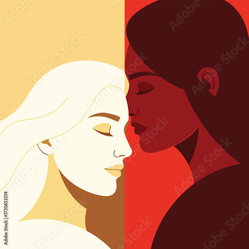 Two diverse women with closed eyes touching foreheads in a stylized illustration of unity.