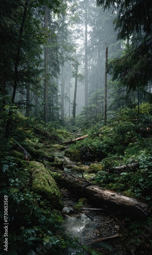 Misty forest path, a small stream flows through fallen logs and lush green vegetation under a canopy of tall trees in a foggy, tranquil scene