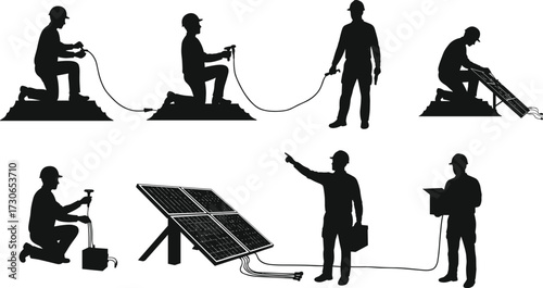 Solar panel installation workers silhouettes with tools, cables, and equipment performing renewable energy maintenance, inspection, and technical engineering tasks vector illustration