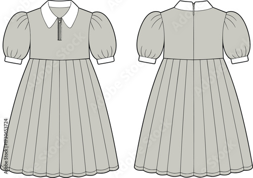 Vector technical flat illustration of girl dress with puff sleeves, pointed collar, pleated skirt, front zipper closure, and back zipper design