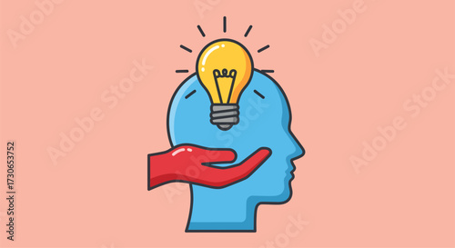 Illustration of a hand offering a lightbulb to a blue head silhouette, symbolizing inspiration and new ideas