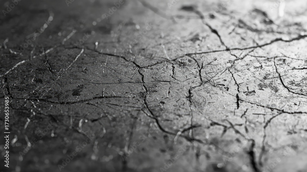 Obraz premium Detailed macro photograph highlights a cracked surface in varying shades of gray, showing intricate lines and textures; it presents an aged, weathered, and damaged appearance with shallow depth of...