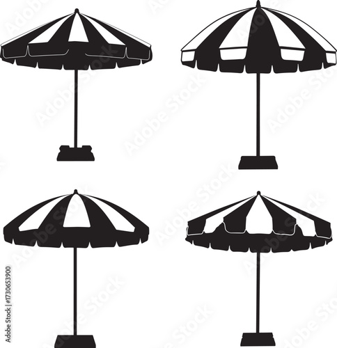 Four striped beach umbrella silhouettes on white background