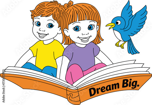 Cartoon children reading book, dream big message, cheerful learning scene, motivational kids illustration, educational content art, flying bird character, imagination and reading