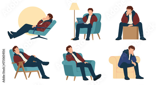 A collection of men in various contemplative and relaxed poses.