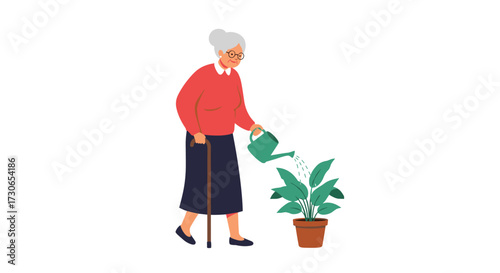 An elderly woman with glasses and a cane waters a potted plant.