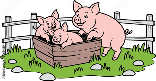 Cartoon pigs in trough, farm animal illustration, playful piglets scene, grassy enclosure design, agricultural content art, nurturing environment, countryside livestock character