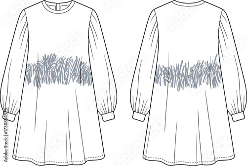Long sleeve dress fashion flat sketch vector illustration with puff sleeves, round neckline, abstract midsection detail, flared skirt, garment construction drawing