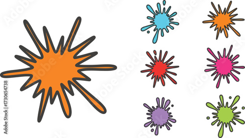 Vector art of collection of colorful paint splatters and ink blots isolated on a, representing abstract art and creative expression