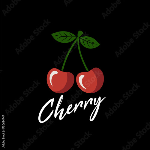 A stylized illustration featuring two ripe cherries with green leaves, and a cursive word.