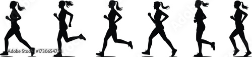 Running motion silhouette sequence, athletic movement illustration, dynamic jogging poses, ponytail runner design, sports biomechanics concept, physical activity art, fitness progression graphic