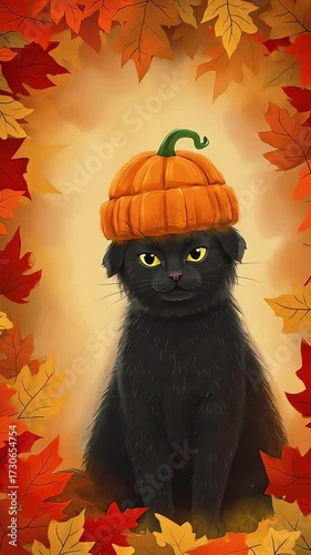 Black cat wearing a pumpkin hat surrounded by autumn leaves for a festive look