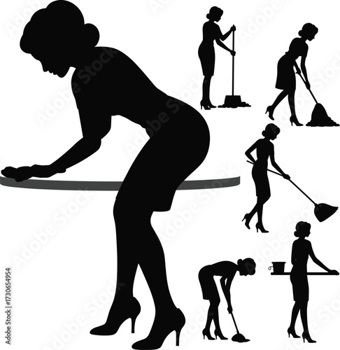 Silhouette woman cleaning tasks, household chore illustration, domestic work poses, stylish maid concept, broom mop scrub wipe, high heel cleaner design