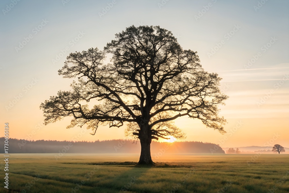 Fototapeta premium Solitary Silhouette of Tree in Grassy Field with a Radiant Sunrise on the Horizon