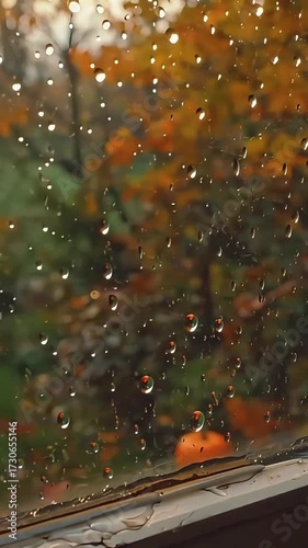 Orange and green autumn leaves on trees are seen through a window pane