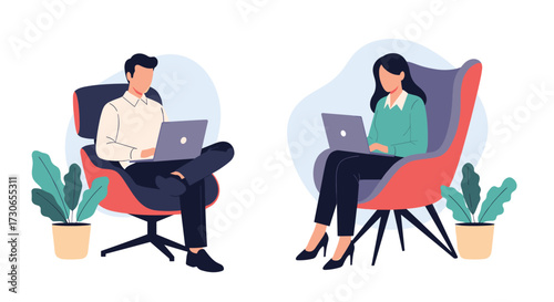 Two people working remotely on their laptops in comfortable chairs.