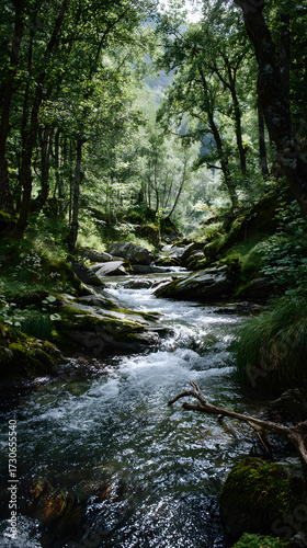 Lush green forest with sunlight filtering through tall trees, river flowing over rocks, tranquil and refreshing atmosphere, vibrant foliage, serene nature landscape