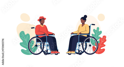 Two people in wheelchairs enjoying outdoor scenery.