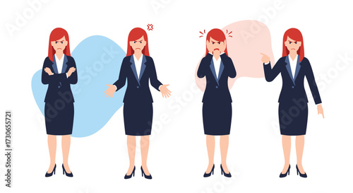 A businesswoman displays various emotions like frustration anger and annoyance.