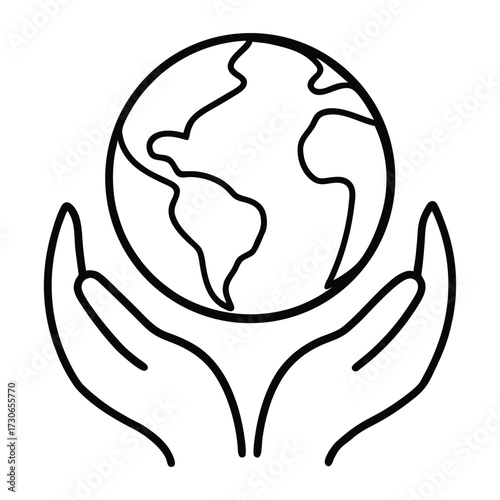 Black outline of globe held in cupped hands on white background earth holding