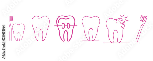 Dental Care and Hygiene Icons Set Representing Teeth Braces Cavities and Health Toothbrushes for Education and Awareness