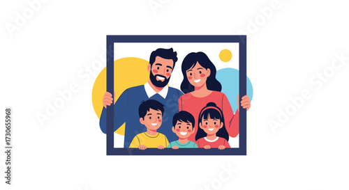 A happy family portrait captured in a frame on a white background.