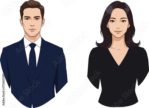 Business man and woman portrait in formal attire, corporate professionals vector illustration for office, HR, workplace, and career concepts