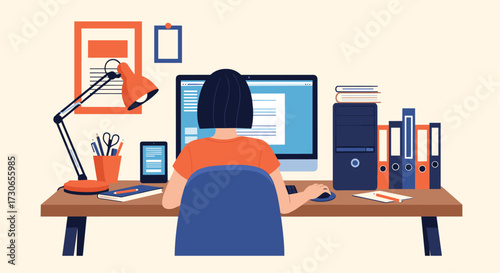 A person working at a desk with a computer and office supplies.