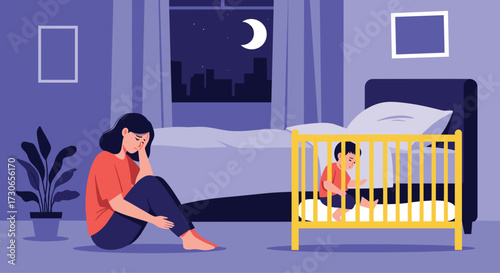 Parental exhaustion and the struggles of new parenthood at night.
