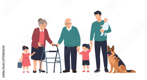 A multi-generational family with grandparents parents children and a dog.