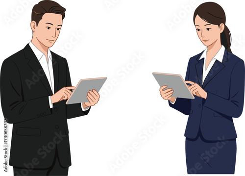 Business professionals using digital tablets in formal attire, corporate teamwork, technology communication, office collaboration, modern workplace concept illustration