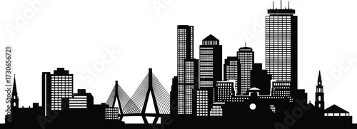"Black and white Boston skyline vector with Zakim Bridge, Prudential Tower, church steeples, city silhouette for architectural design themes"