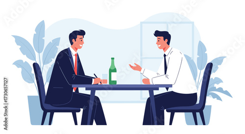 Two businessmen having a discussion over drinks at a table.