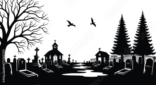"Black and white cemetery silhouette vector with gravestones, chapels, leafless tree, birds, winding path, somber memorial landscape design"