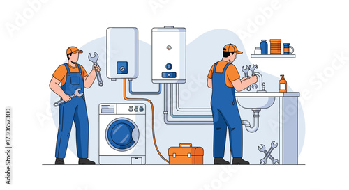 Skilled technicians are installing water heater and washing machine.