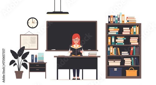 A teacher reading a book in a classroom.