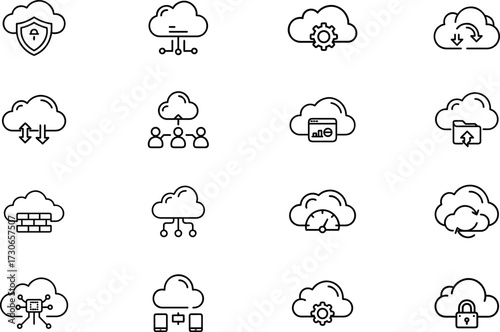 Cloud computing icons set, representing various cloud services and functions such as security, data transfer, networking, and storage, isolated on transparent background