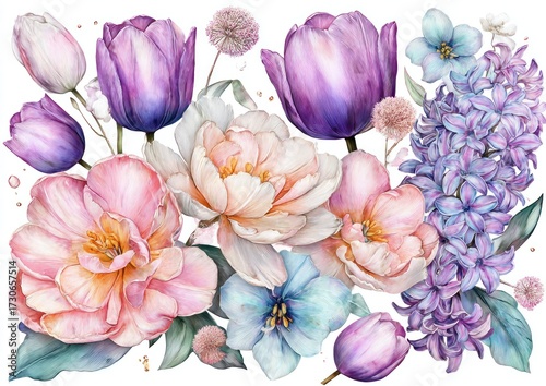 Vibrant floral arrangement featuring tulips, peonies, hyacinths, and delicate blossoms in soft pinks, purples, and blues, displayed against a pristine white backdrop.