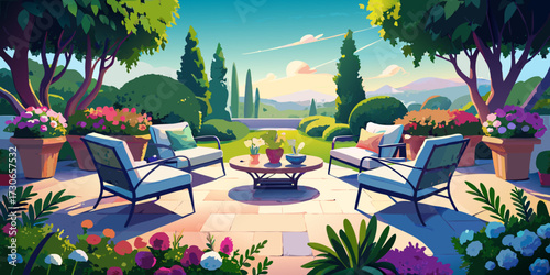 Luxury resort outdoor cafe furniture: table and chairs on a patio in a tropical garden for summer relax