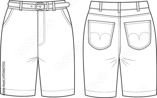 Cad drawing flat vector illustration of denim bermuda shorts with belt loops pockets front and back fashion technical sketch template