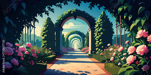 Ancient European stone archway in a historic park garden, a majestic entrance to old city architecture