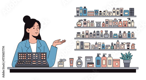 A cosmetologist presenting a variety of beauty products on shelves and a counter.