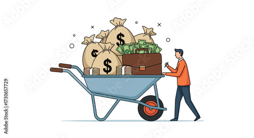 A man pushing a wheelbarrow full of money and a briefcase.