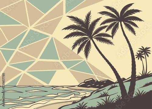 Retro beach scene with palm trees and geometric background illustration