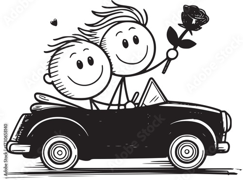 Love's Journey in Motion: A charming illustration captures the essence of romance, featuring a stick figure couple cruising in a classic convertible, one holding a single rose.
