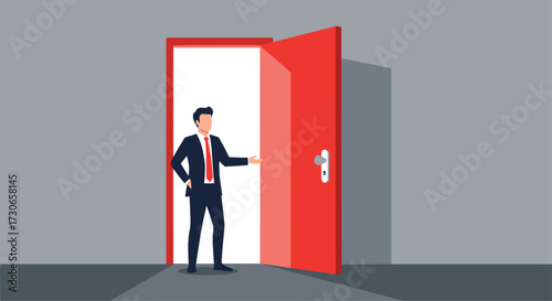 A businessman opens a bright red door to opportunity.