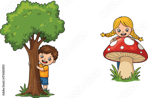 Cartoon kids playing outdoors with tree and mushroom, fun nature scene, child imagination, whimsical forest background, happy childhood adventure