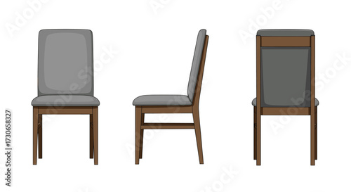 Modern upholstered dining chair in three views.