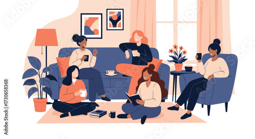A group of women enjoying a cozy gathering in a living room.