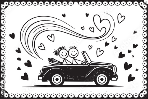 Love's Journey: A hand-drawn illustration of a cheerful couple in a vintage car, cruising amidst hearts and whimsical swirls. Perfect for conveying themes of love and travel.